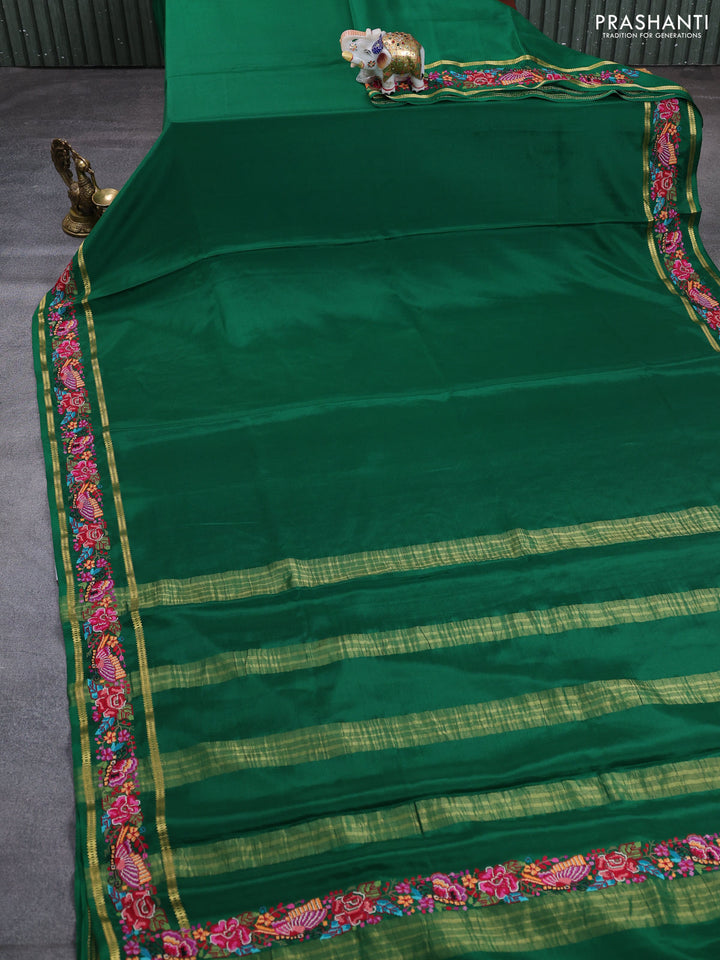 Pure mysore silk saree green with plain body and rettapet zari woven embroidery border