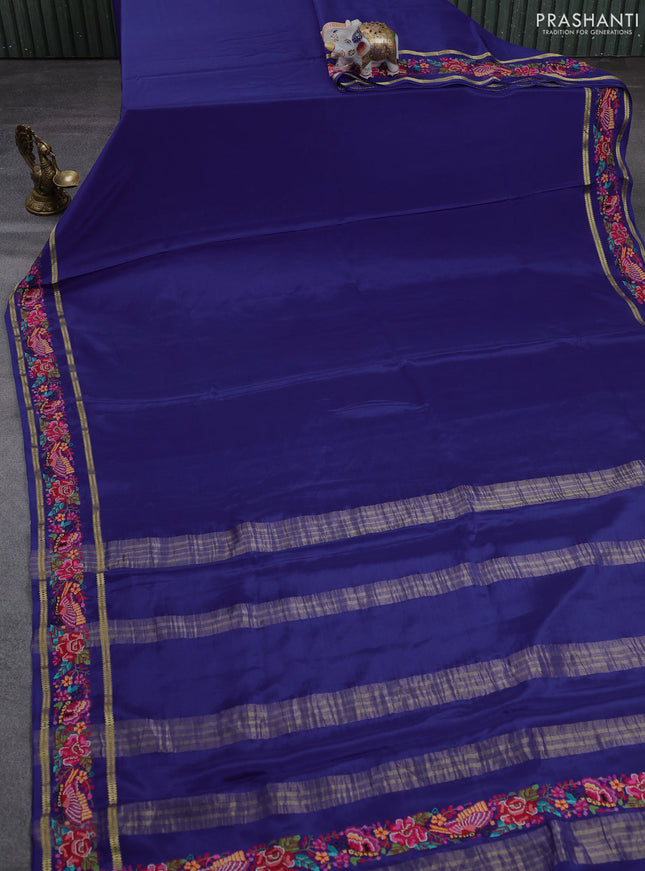 Pure mysore silk saree blue with plain body and rettapet zari woven embroidery border