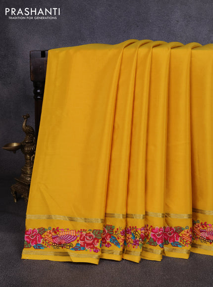 Pure mysore silk saree yellow with plain body and rettapet zari woven embroidery border