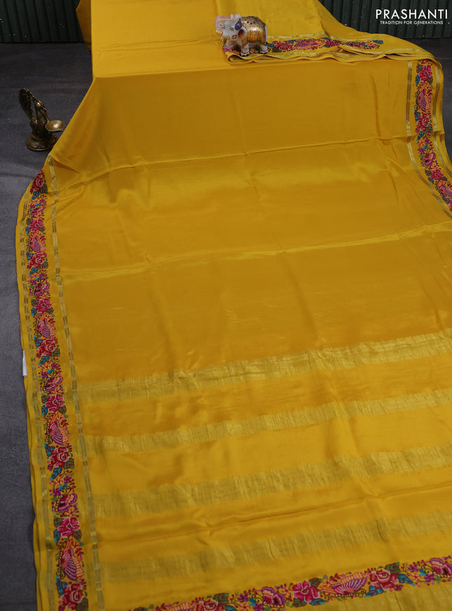 Pure mysore silk saree yellow with plain body and rettapet zari woven embroidery border
