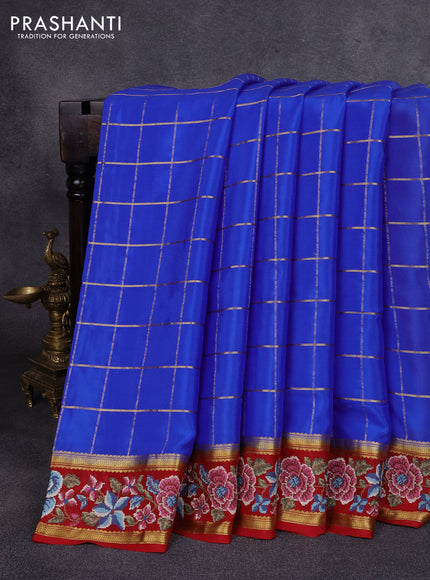Pure mysore silk saree blue and red with allover checked pattern and rettapet zari woven embroidery border