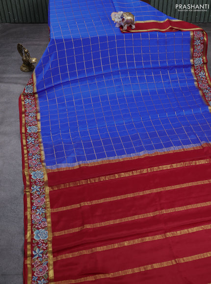 Pure mysore silk saree blue and red with allover checked pattern and rettapet zari woven embroidery border