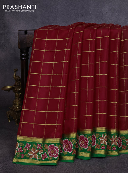 Pure mysore silk saree red and green with allover checked pattern and rettapet zari woven embroidery border