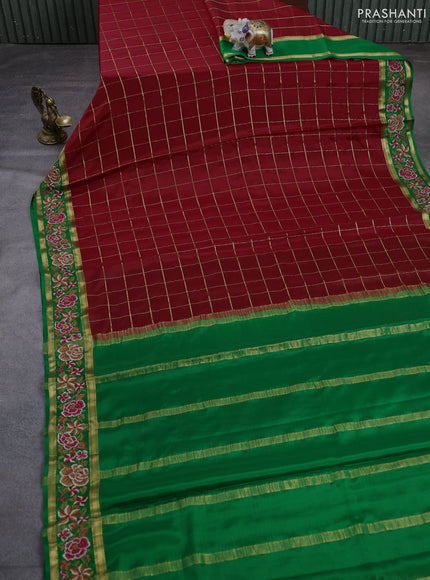 Pure mysore silk saree red and green with allover checked pattern and rettapet zari woven embroidery border