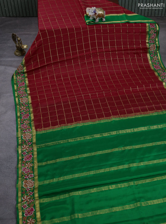 Pure mysore silk saree red and green with allover checked pattern and rettapet zari woven embroidery border