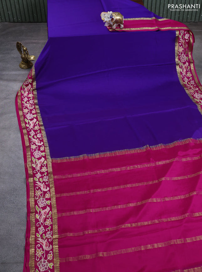 Pure mysore silk saree violet and pink with plain body and rettapet zari woven embroidery border