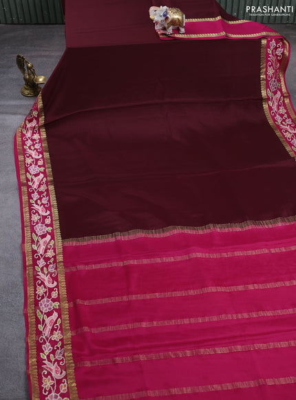 Pure mysore silk saree coffee brown and pink with plain body and rettapet zari woven embroidery border