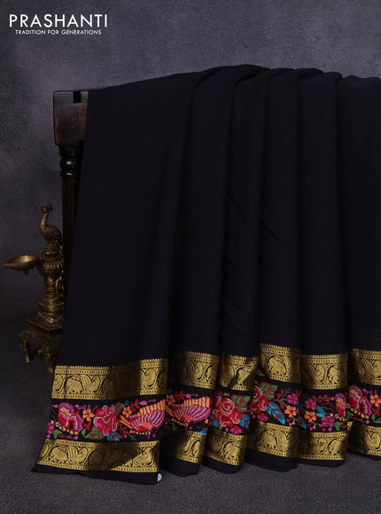 Pure mysore silk saree black with plain body and rettapet zari woven embroidery border