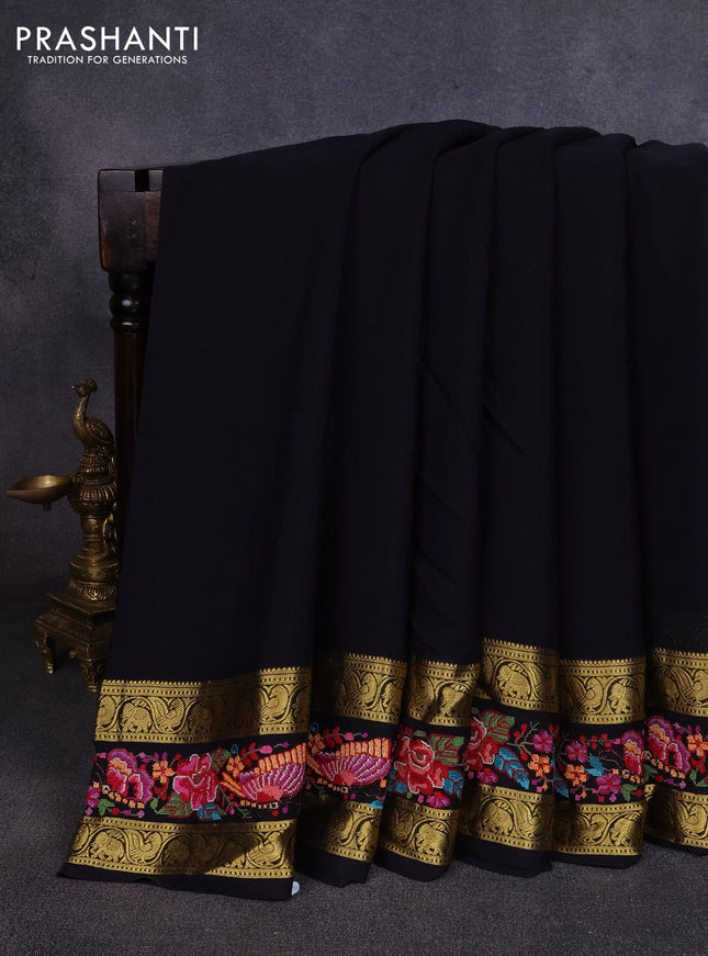 Pure mysore silk saree black with plain body and rettapet zari woven embroidery border