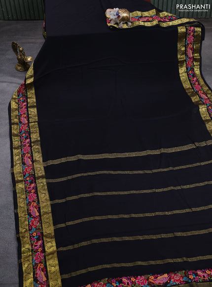 Pure mysore silk saree black with plain body and rettapet zari woven embroidery border