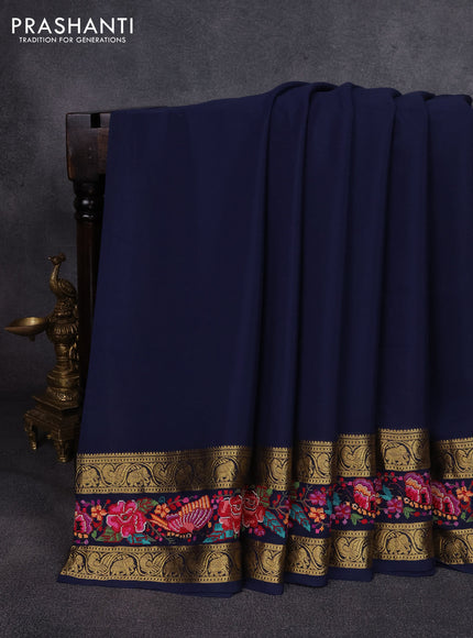 Pure mysore silk saree navy blue with plain body and rettapet zari woven embroidery border