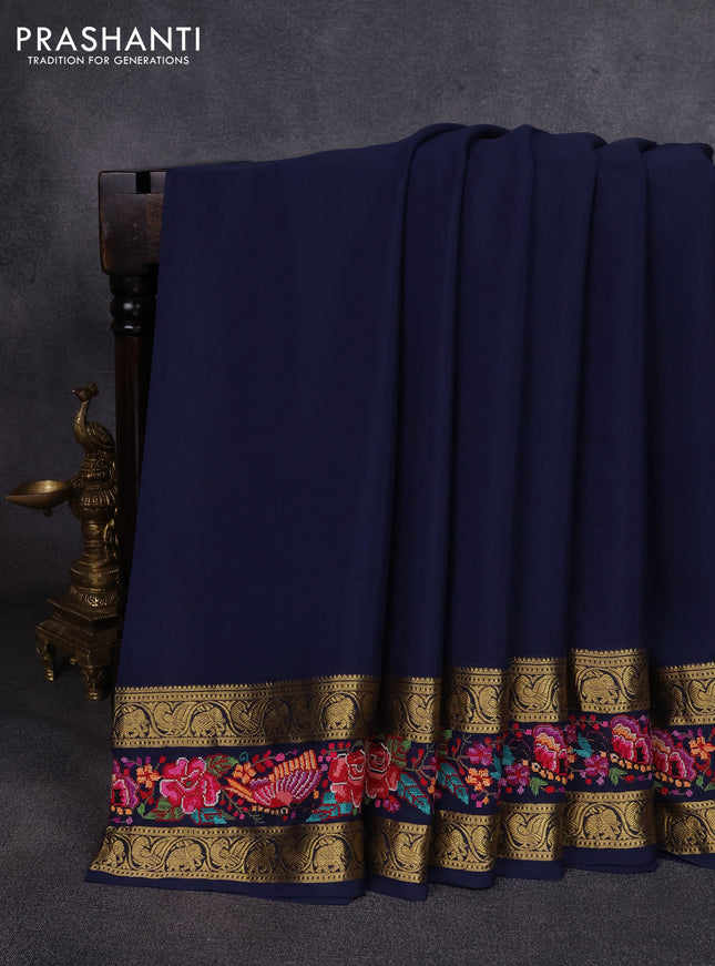 Pure mysore silk saree navy blue with plain body and rettapet zari woven embroidery border