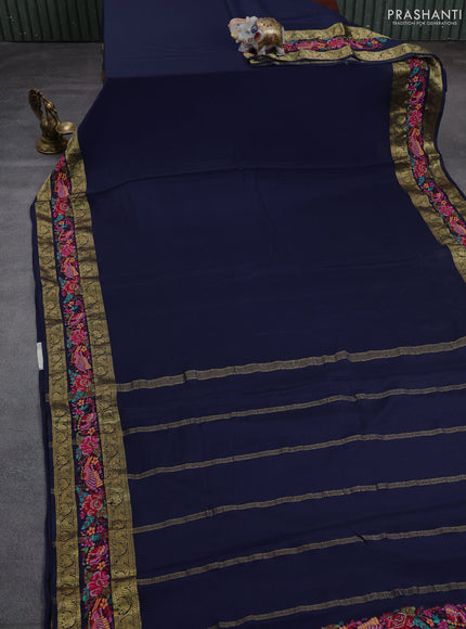 Pure mysore silk saree navy blue with plain body and rettapet zari woven embroidery border