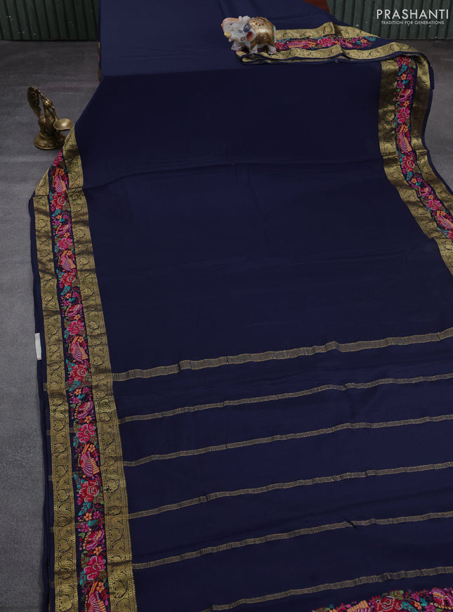 Pure mysore silk saree navy blue with plain body and rettapet zari woven embroidery border