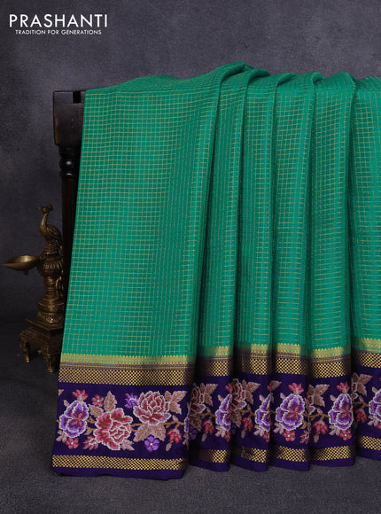 Pure mysore silk saree teal green and violet with allover zari small checked pattern and rettapet zari woven embroidery border