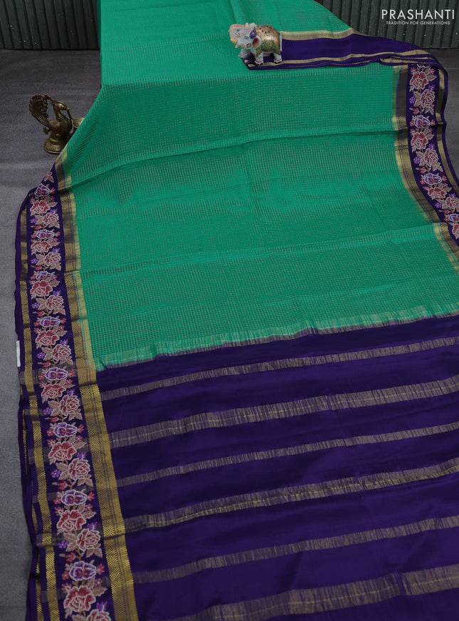 Pure mysore silk saree teal green and violet with allover zari small checked pattern and rettapet zari woven embroidery border