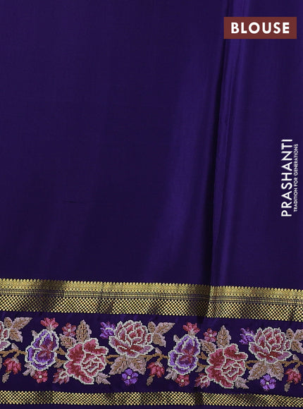 Pure mysore silk saree teal green and violet with allover zari small checked pattern and rettapet zari woven embroidery border