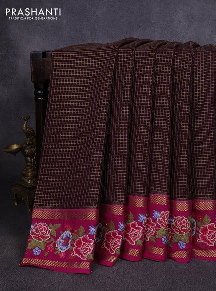 Pure mysore silk saree deep jamun and pink with allover zari small checked pattern and rettapet zari woven embroidery border