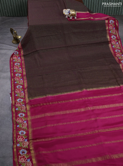 Pure mysore silk saree deep jamun and pink with allover zari small checked pattern and rettapet zari woven embroidery border