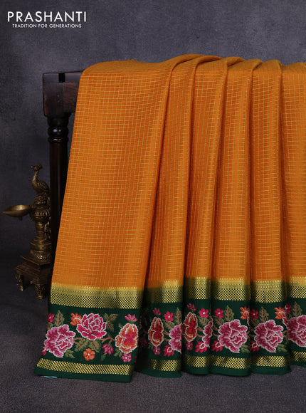 Pure mysore silk saree mustard yellow and bottle green with allover zari small checked pattern and rettapet zari woven embroidery border