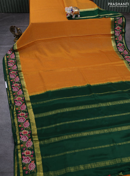 Pure mysore silk saree mustard yellow and bottle green with allover zari small checked pattern and rettapet zari woven embroidery border