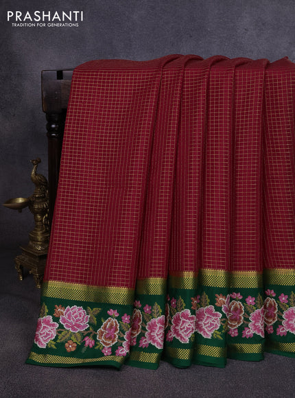 Pure mysore silk saree red and green with allover zari small checked pattern and rettapet zari woven embroidery border