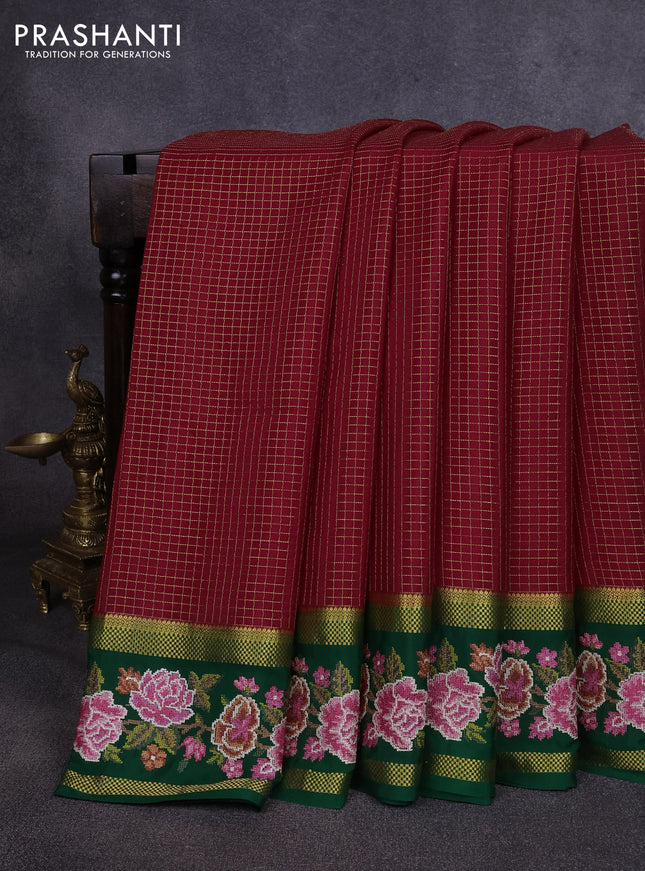 Pure mysore silk saree red and green with allover zari small checked pattern and rettapet zari woven embroidery border
