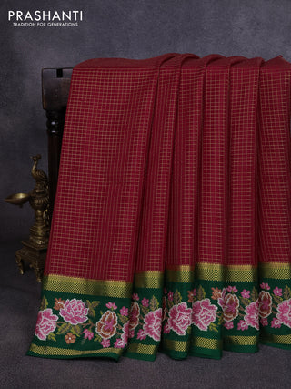 Pure mysore silk saree red and green with allover zari small checked pattern and rettapet zari woven embroidery border