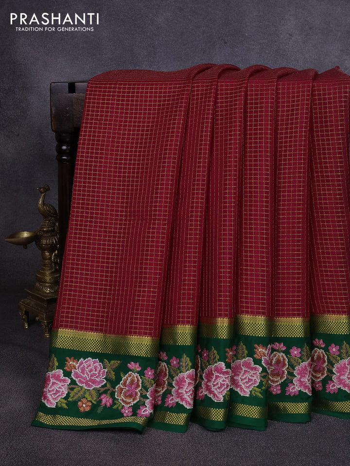 Pure mysore silk saree red and green with allover zari small checked pattern and rettapet zari woven embroidery border