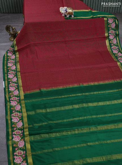 Pure mysore silk saree red and green with allover zari small checked pattern and rettapet zari woven embroidery border