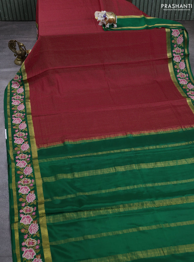 Pure mysore silk saree red and green with allover zari small checked pattern and rettapet zari woven embroidery border