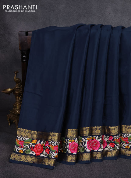 Pure mysore silk saree navy blue with plain body and rettapet zari woven embroidery border
