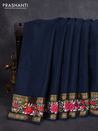 Pure mysore silk saree navy blue with plain body and rettapet zari woven embroidery border
