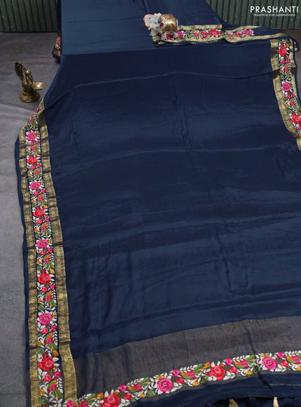 Pure mysore silk saree navy blue with plain body and rettapet zari woven embroidery border