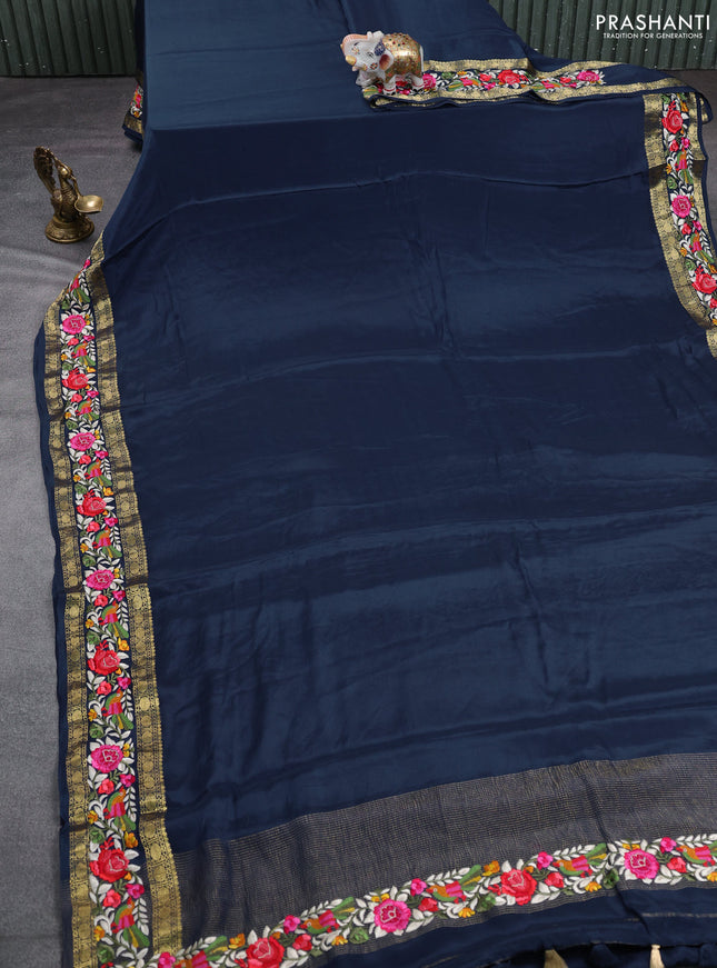 Pure mysore silk saree navy blue with plain body and rettapet zari woven embroidery border