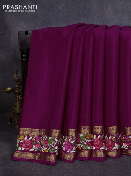 Pure mysore silk saree purple with plain body and rettapet zari woven embroidery border