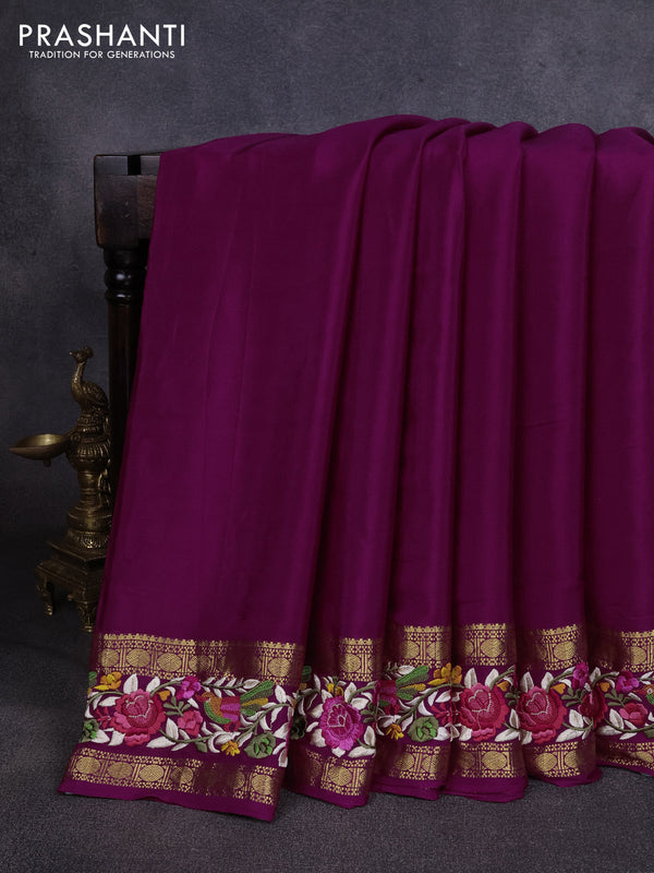 Pure mysore silk saree purple with plain body and rettapet zari woven embroidery border