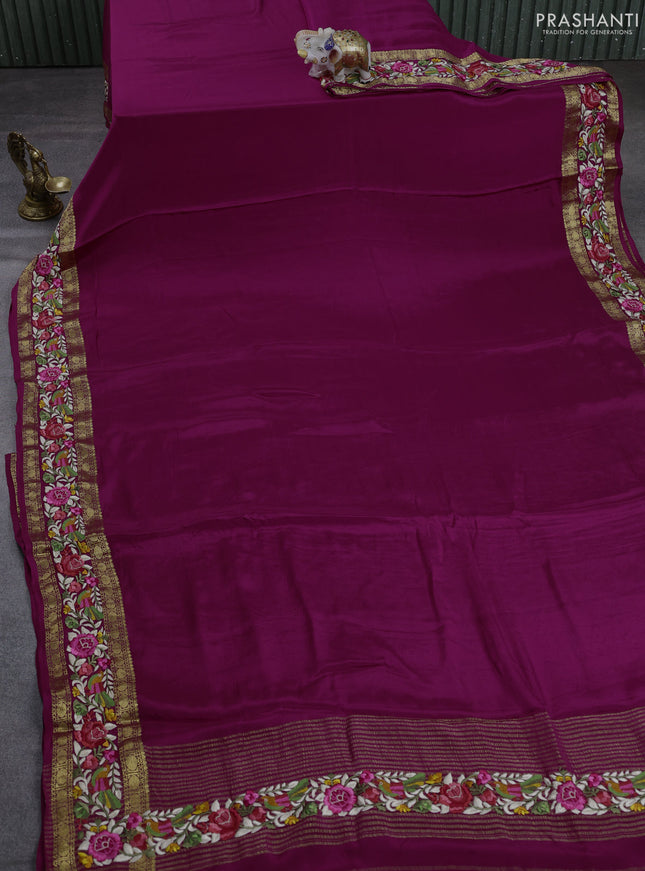 Pure mysore silk saree purple with plain body and rettapet zari woven embroidery border