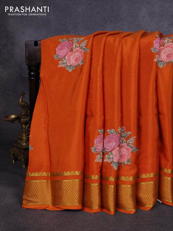 Pure mysore silk saree rust shade with floral convent embroidery buttas and zari woven embroidery butta border