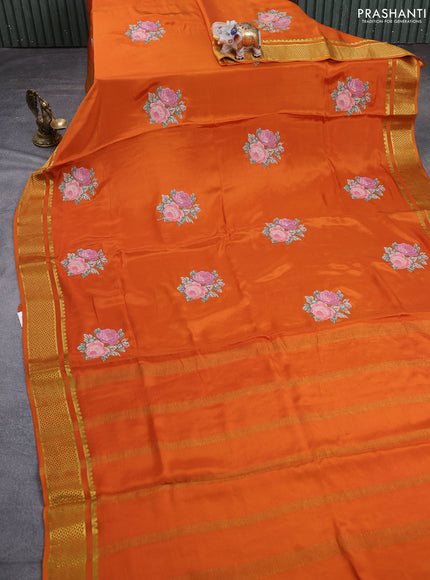 Pure mysore silk saree rust shade with floral convent embroidery buttas and zari woven embroidery butta border