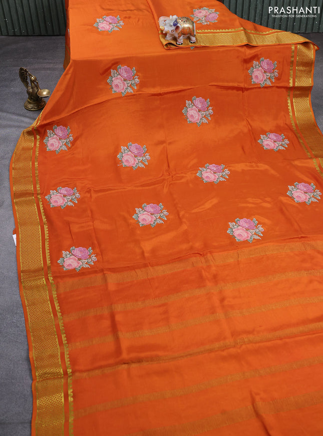 Pure mysore silk saree rust shade with floral convent embroidery buttas and zari woven embroidery butta border