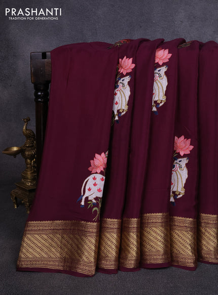 Pure mysore silk saree deep wine with allover pichwai embroidery buttas and zari woven embroidery butta border