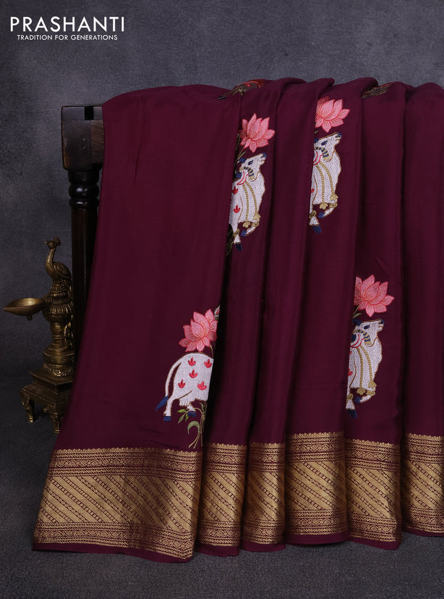 Pure mysore silk saree deep wine with allover pichwai embroidery buttas and zari woven embroidery butta border