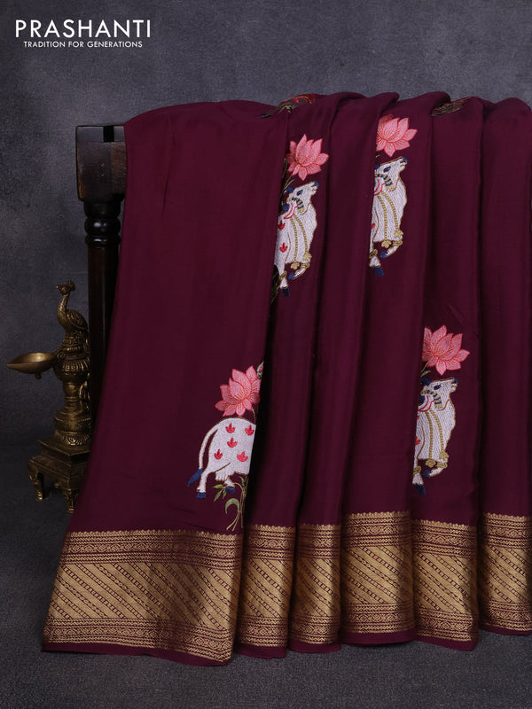Pure mysore silk saree deep wine with allover pichwai embroidery buttas and zari woven embroidery butta border