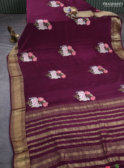 Pure mysore silk saree deep wine with allover pichwai embroidery buttas and zari woven embroidery butta border