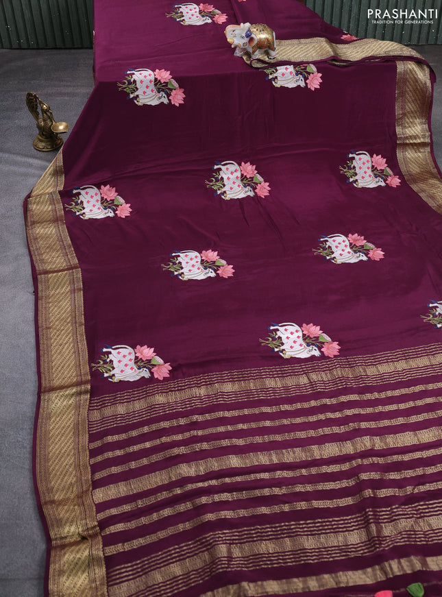 Pure mysore silk saree deep wine with allover pichwai embroidery buttas and zari woven embroidery butta border