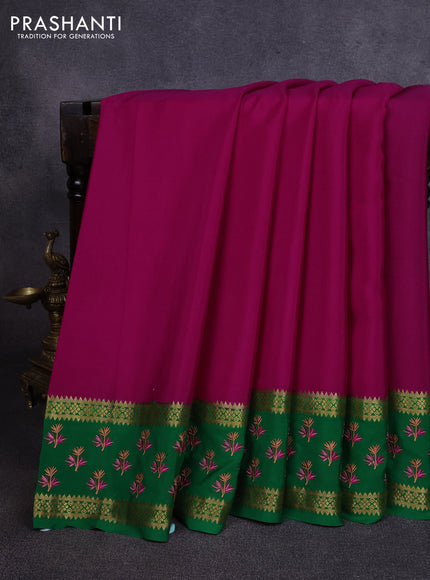 Pure mysore silk saree pink and green with plain body and zari woven embroidery butta border