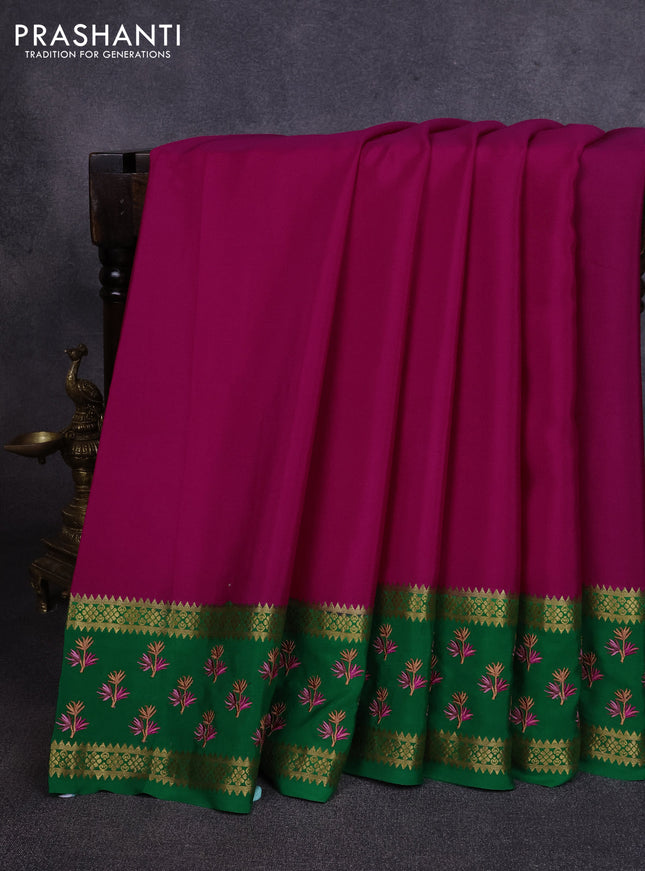 Pure mysore silk saree pink and green with plain body and zari woven embroidery butta border