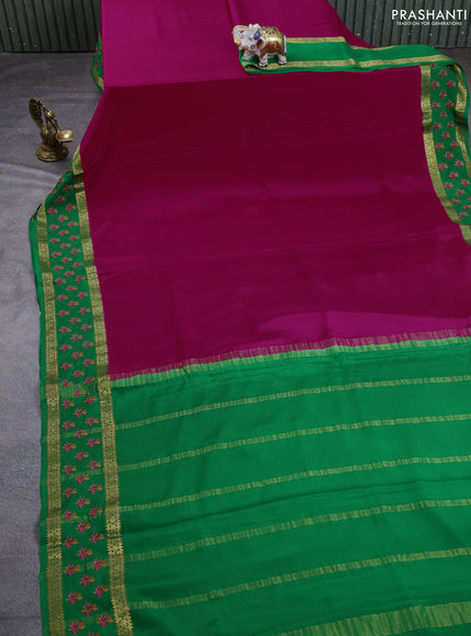Pure mysore silk saree pink and green with plain body and zari woven embroidery butta border