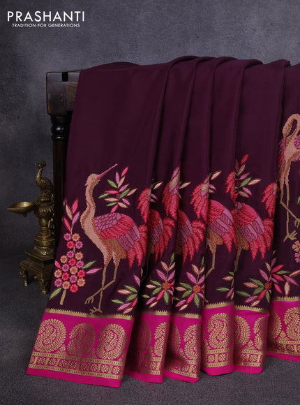Pure mysore silk saree deep jamun and pink with plain body and long embroidery zari woven border
